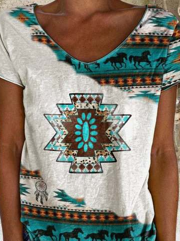 Cuello Pico Casual Aflojar Tribal Manga Corta Camiseta