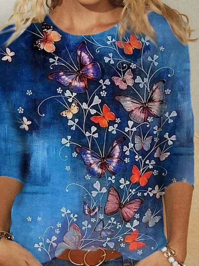 Camisa Casual Manga Larga Mariposa Estampado