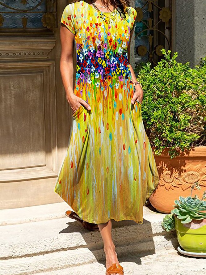 Multicolor Floral Pintura Al Óleo Estampado Escote Redondo Maxi Vestido
