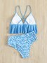 Playa Fiesta Azul Floral Hundiendo Cuello En V Con Honda Bikini Dividido Traje